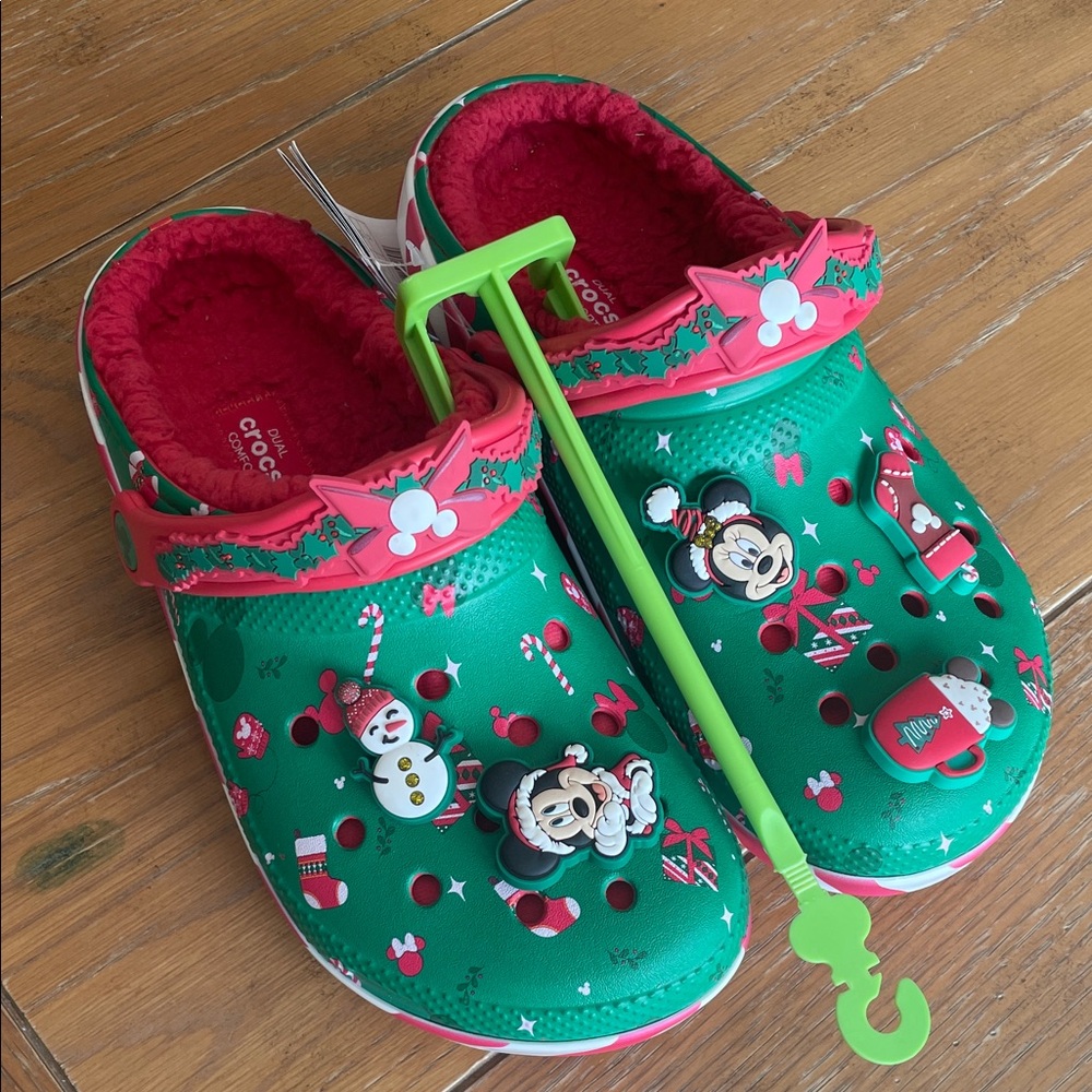 CROCS Green & Red Minnie and Mickey Holiday Fuzzy-Lined Clogs